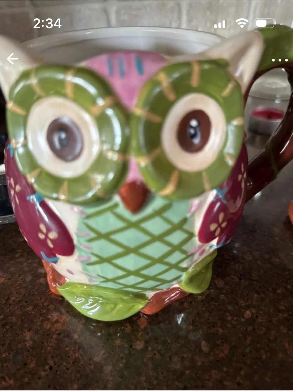 Pier one Owl Mugs in Green, Pink and Brown